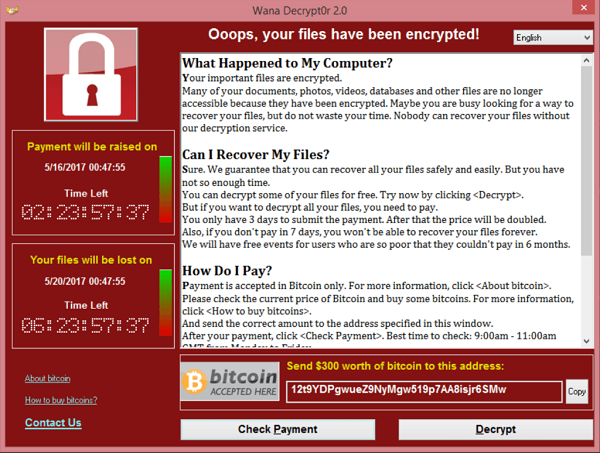 Wannacry Trojan Screen. From Wikipedia (https://en.wikipedia.org/wiki/File:Wana_Decrypt0r_screenshot.png)